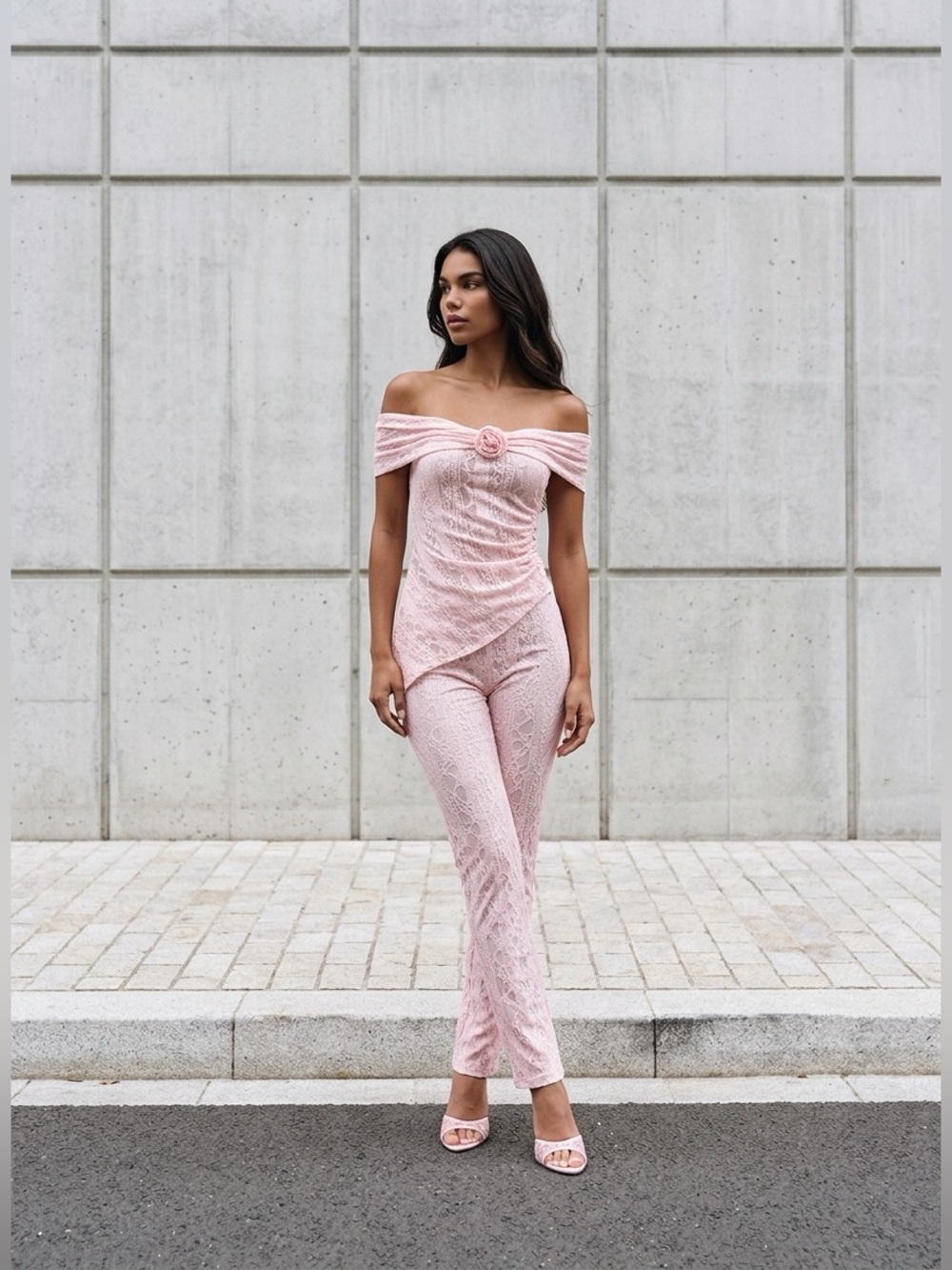 Delicate Pink Lace Off-Shoulder Dress
